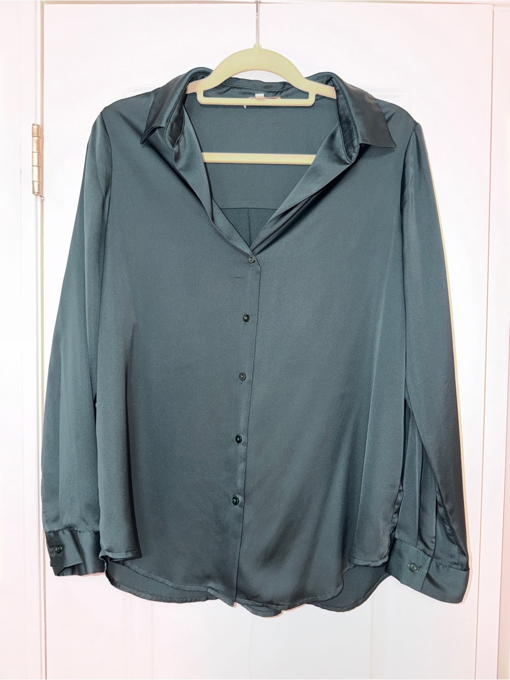 Skies Are Blue Emerald Satin Button-Down Shirt